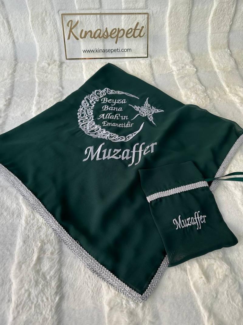 Traditional Green Groom's Shoulder Sash with Crescent-Star and "Groom" Writing / Soldier's Henna Scarf - Side View