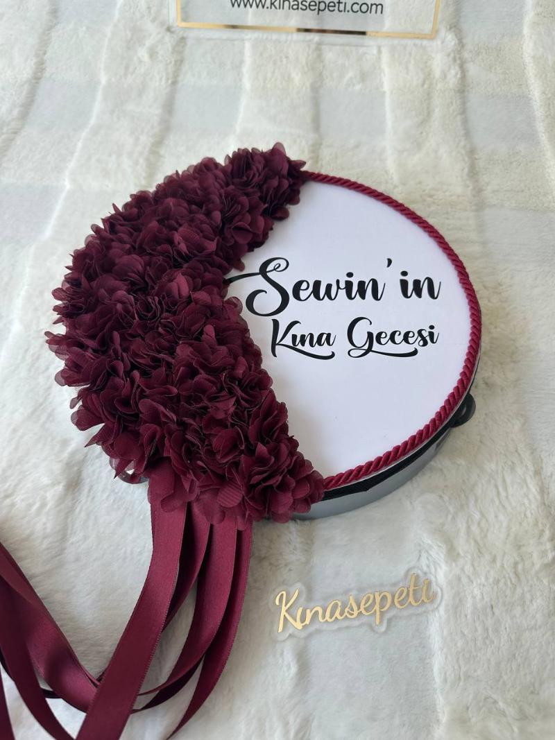 Kişiye Özel İsimli Bordo Gelin Defi / Lüks Yazılı Kına Tefi - tamborine