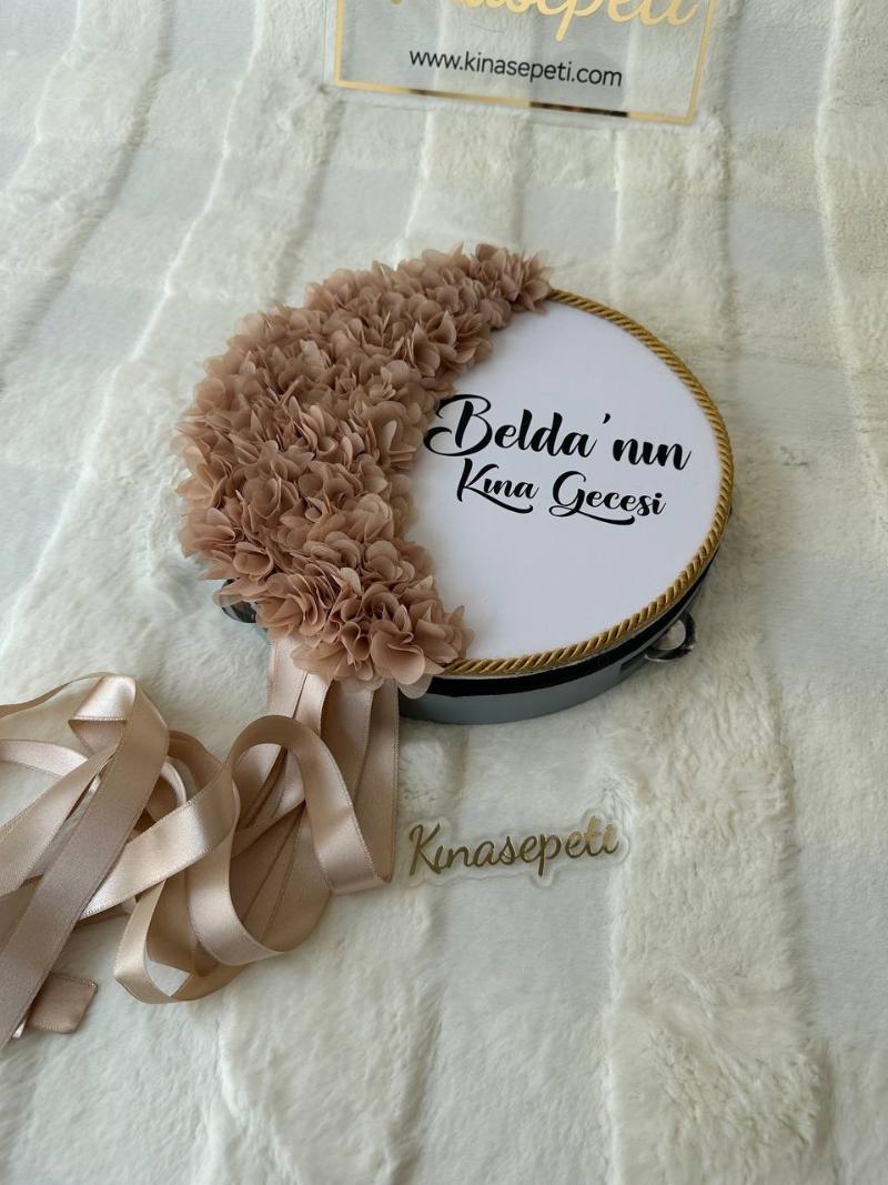 Kişiye Özel İsimli Bej Gelin Defi / Yazılı Bohem Kına Tefi - Ön Görünüm