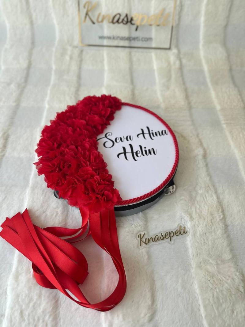 Personalized Red Bride's Tambourine with Name / Traditional Henna Tambourine with Writing - Side View