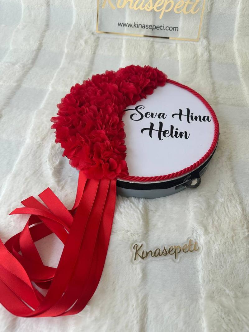 Personalized Red Bride's Tambourine with Name / Traditional Henna Tambourine with Writing - Front View