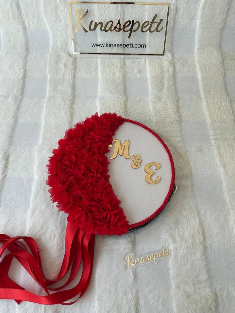 Personalized Red Bride's Tambourine with Name / Traditional Henna Tambourine with Writing - Detail View