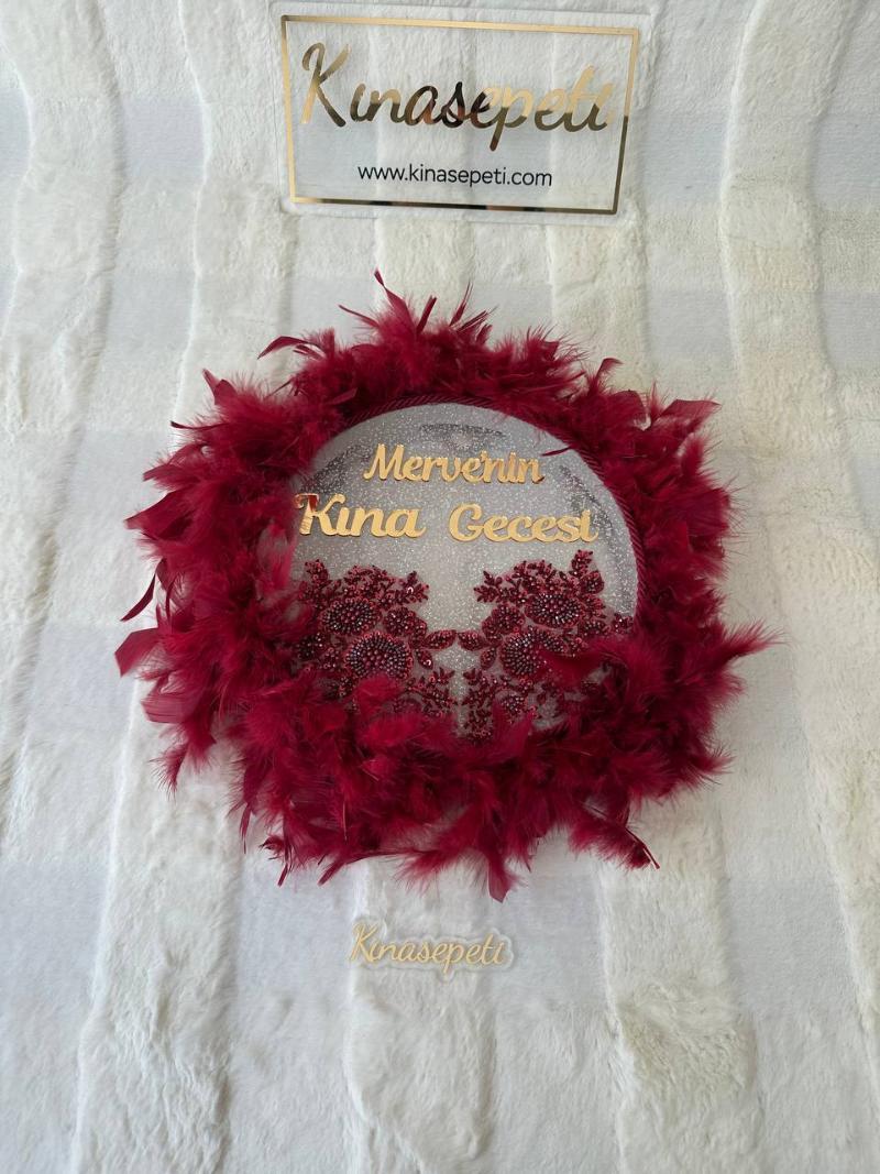 Personalized Burgundy Bride's Tambourine with Plexiglass Name and Feathers / Luxury Henna Tambourine - tamborine