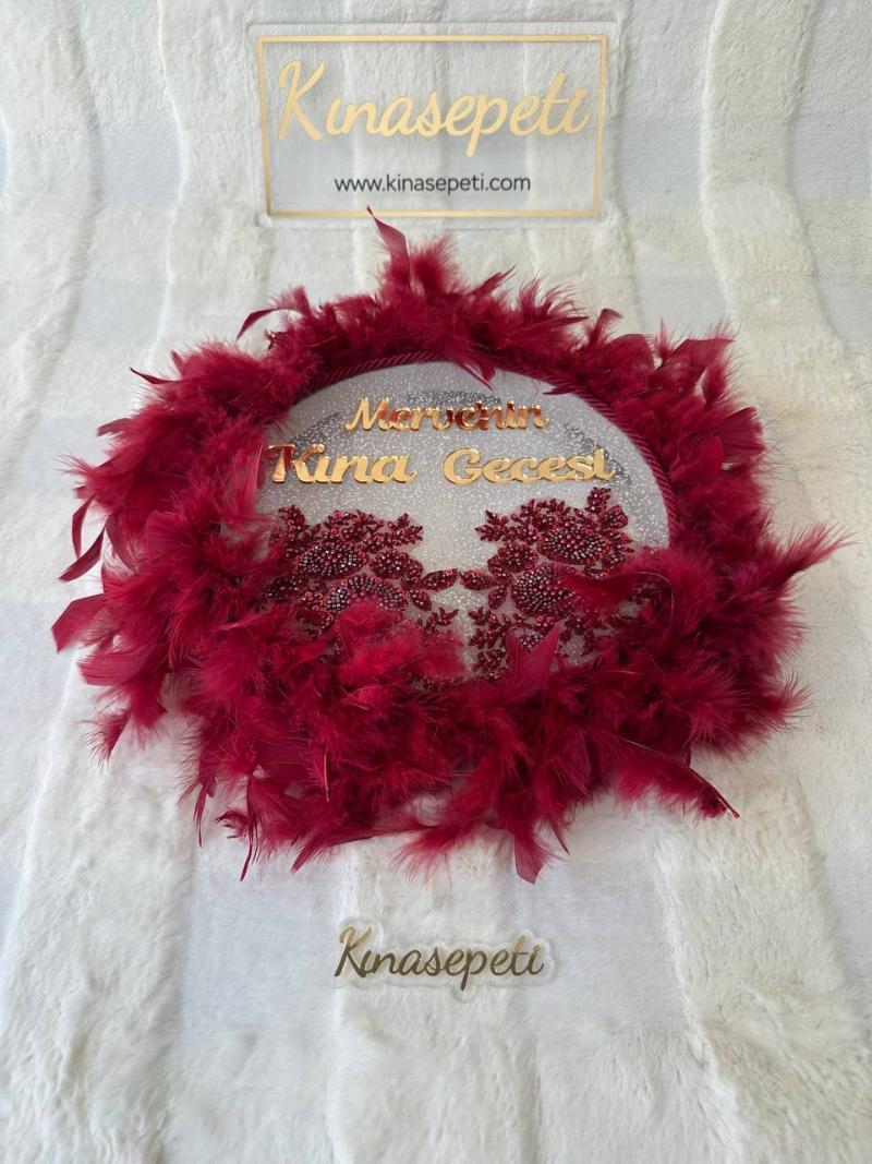 Personalized Burgundy Bride's Tambourine with Plexiglass Name and Feathers / Luxury Henna Tambourine - Front View