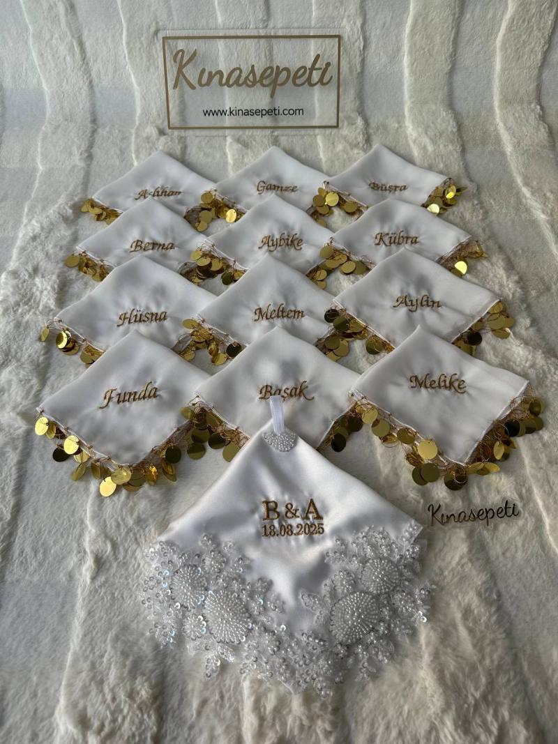 Kişiye Özel İsimli Beyaz Pullu Halay Mendili / Gelin & Nikah Mendili - Görsel 6