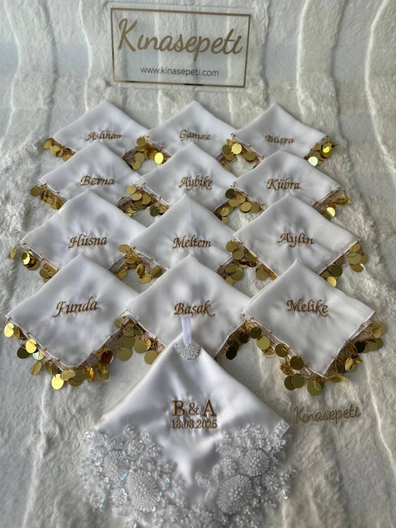 Kişiye Özel İsimli Beyaz Pullu Halay Mendili / Gelin & Nikah Mendili - Arka Görünüm