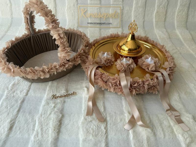 Bej Çiçek Motifli Bohem Kına Seti (Tepsi, Sepet, Kase, 3 LED Mum) - Detay Görünümü