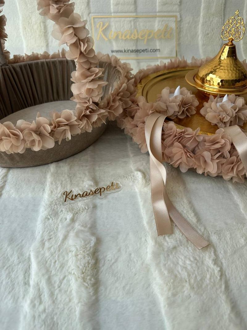 Bej Çiçek Motifli Bohem Kına Seti (Tepsi, Sepet, Kase, 3 LED Mum) - Ön Görünüm