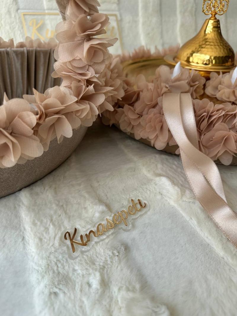 Bej Çiçek Motifli Bohem Kına Seti (Tepsi, Sepet, Kase, 3 LED Mum) - Yan Görünüm