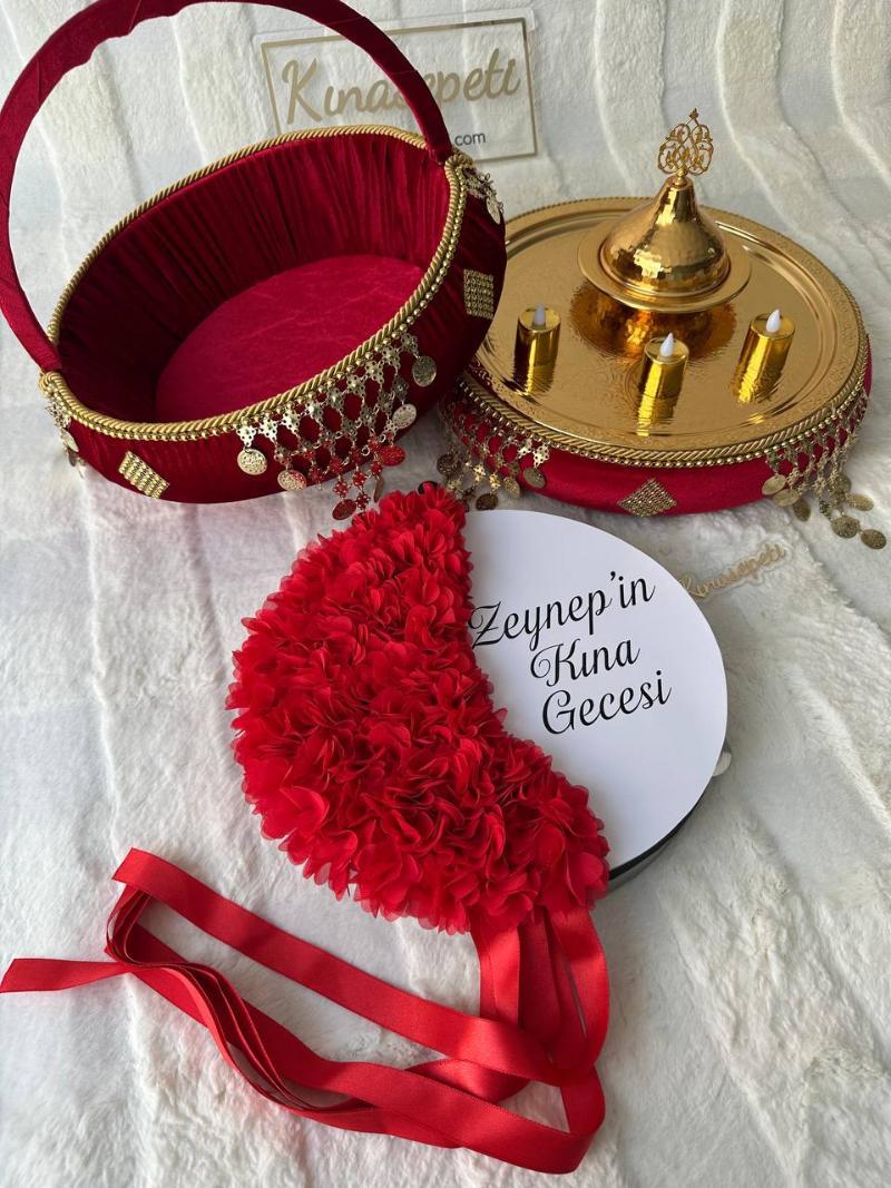 Geleneksel Kırmızı Kına Seti - Full Paket (Tepsi, Sepet, Yazılı Def, Kase, 3 LED Mum) - Yan Görünüm