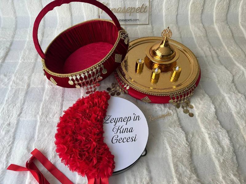 Geleneksel Kırmızı Kına Seti - Full Paket (Tepsi, Sepet, Yazılı Def, Kase, 3 LED Mum) - Ön Görünüm