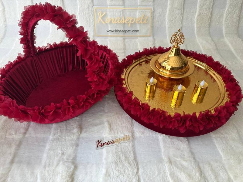 Red Floral Henna Tray and Basket Full Set (Includes Bowl and 3 LED Candles) - Detail View