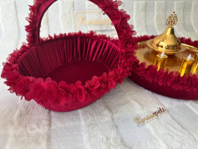 Red Floral Henna Tray and Basket Full Set (Includes Bowl and 3 LED Candles) - Front View