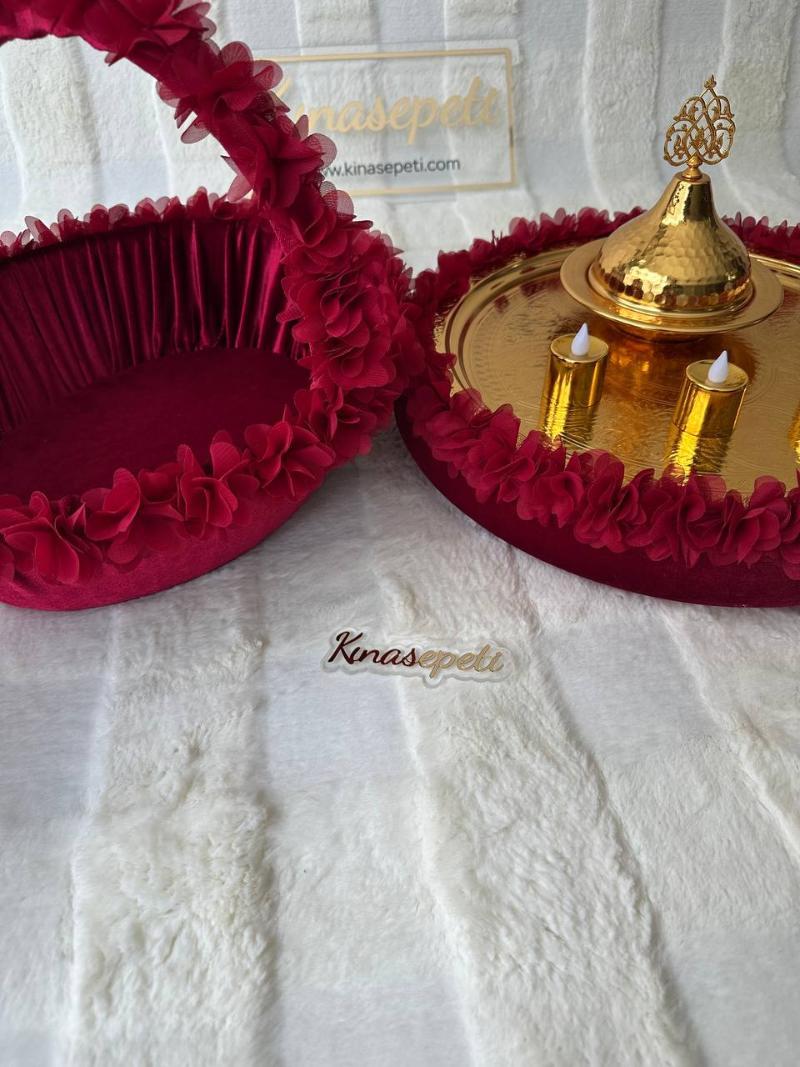 Red Floral Henna Tray and Basket Full Set (Includes Bowl and 3 LED Candles) - Side View