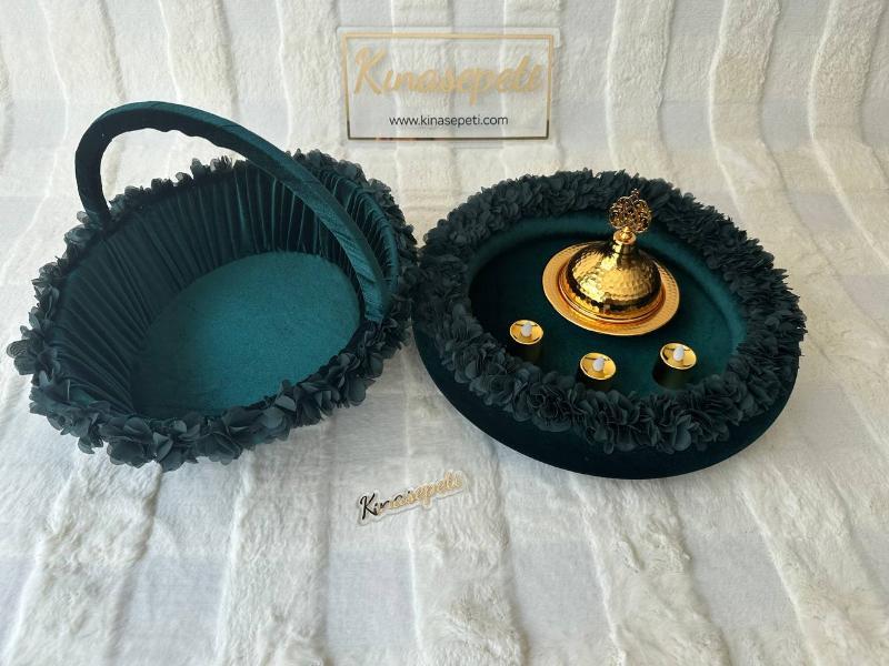 Yesil Güllü Oval Kına Tepsisi, Sepeti ve Kasesi Full Set (3 Adet LED Mum Hediyeli) - Detay Görünümü
