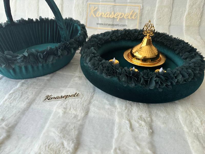Yesil Güllü Oval Kına Tepsisi, Sepeti ve Kasesi Full Set (3 Adet LED Mum Hediyeli) - hennaset