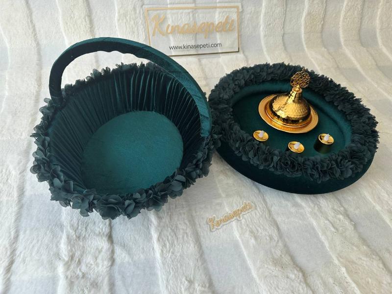 Yesil Güllü Oval Kına Tepsisi, Sepeti ve Kasesi Full Set (3 Adet LED Mum Hediyeli) - Ön Görünüm