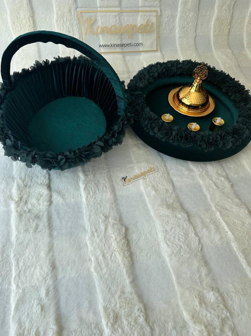 Yesil Güllü Oval Kına Tepsisi, Sepeti ve Kasesi Full Set (3 Adet LED Mum Hediyeli) - Yan Görünüm