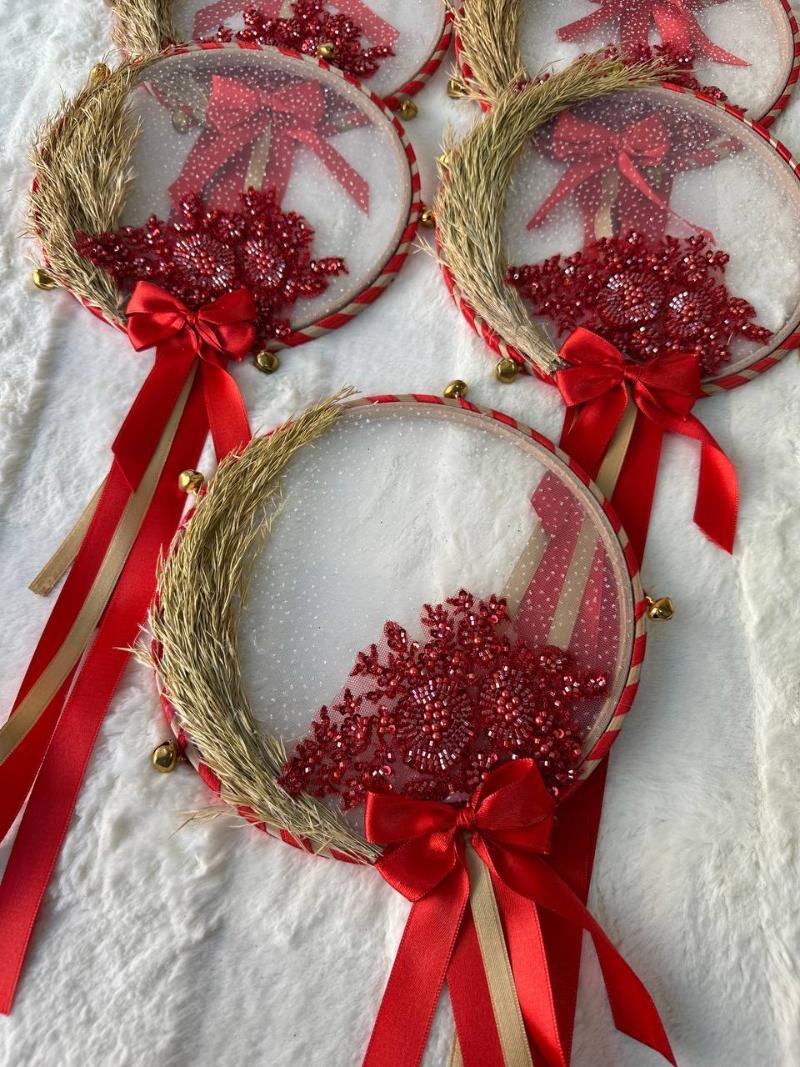 Bohemian Bridesmaid Tambourine with Wicker Detail / Rustic Henna Tambourine - Front View