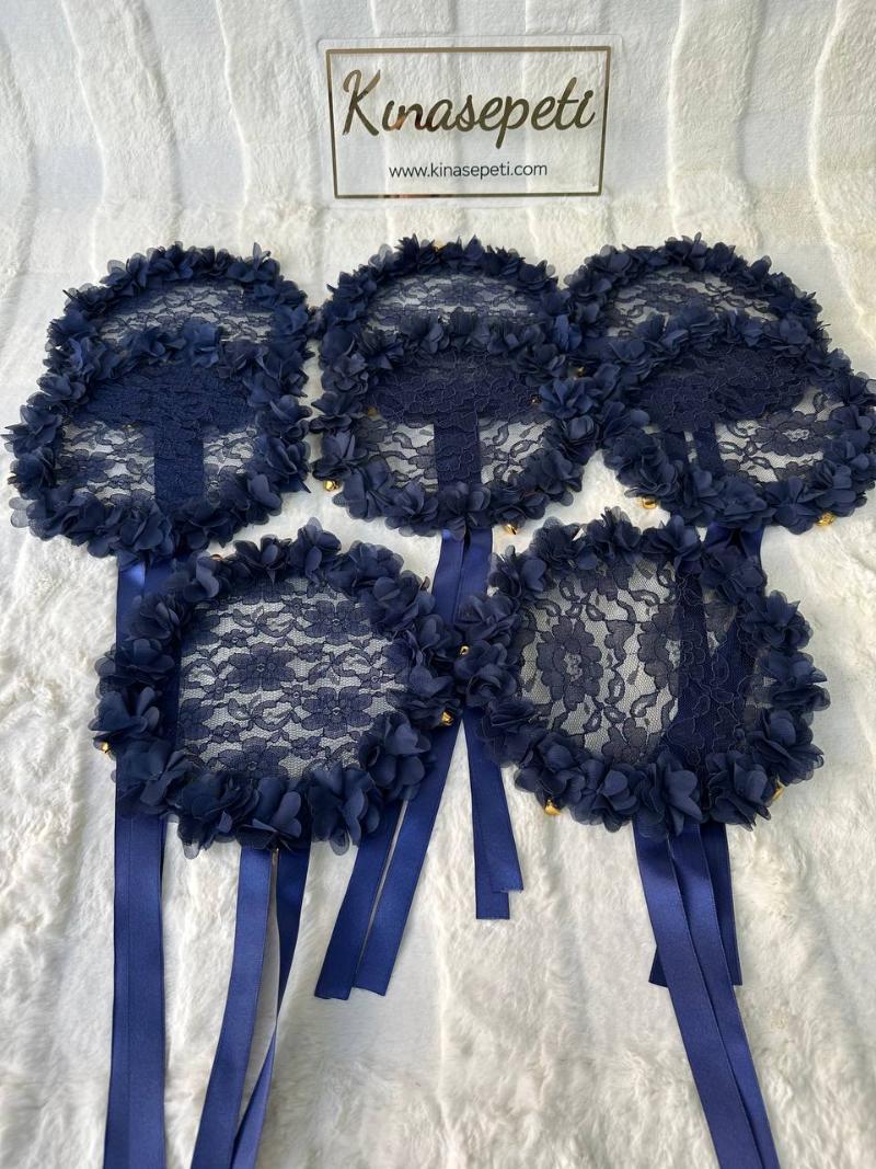 Tüllü ve Şık Lacivert Nedime Defi / Kına Tefi - Yan Görünüm