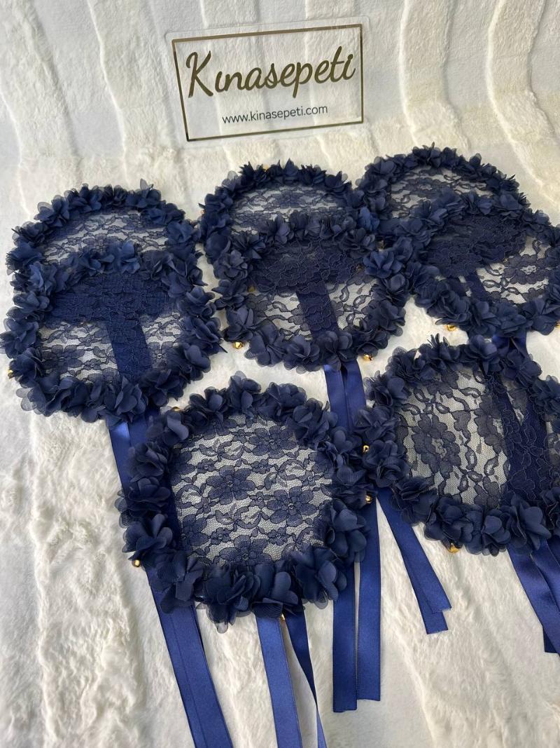 Tüllü ve Şık Lacivert Nedime Defi / Kına Tefi - Ön Görünüm