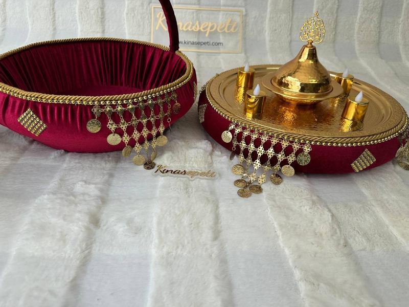 Kırmızı Osmanlı Motifli Geleneksel Kına Seti (Tepsi, Sepet, Kase, 4 LED Mum) - Detay Görünümü