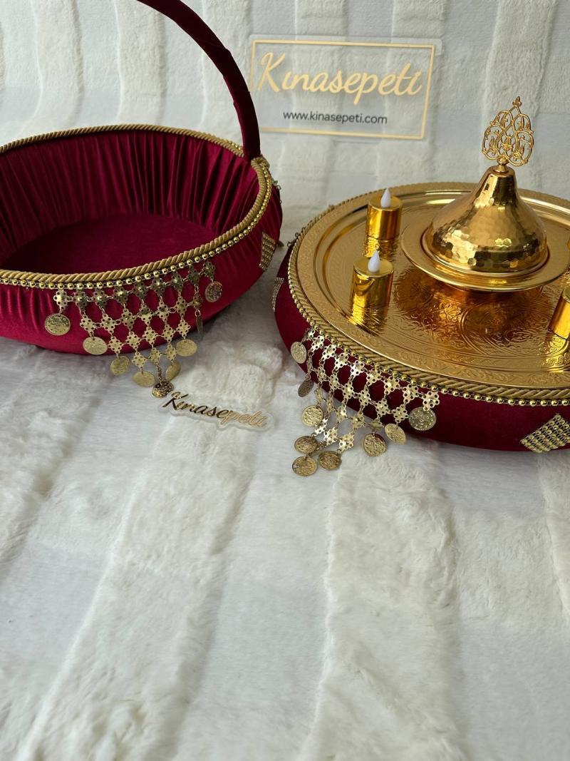 Kırmızı Osmanlı Motifli Geleneksel Kına Seti (Tepsi, Sepet, Kase, 4 LED Mum) - Ön Görünüm