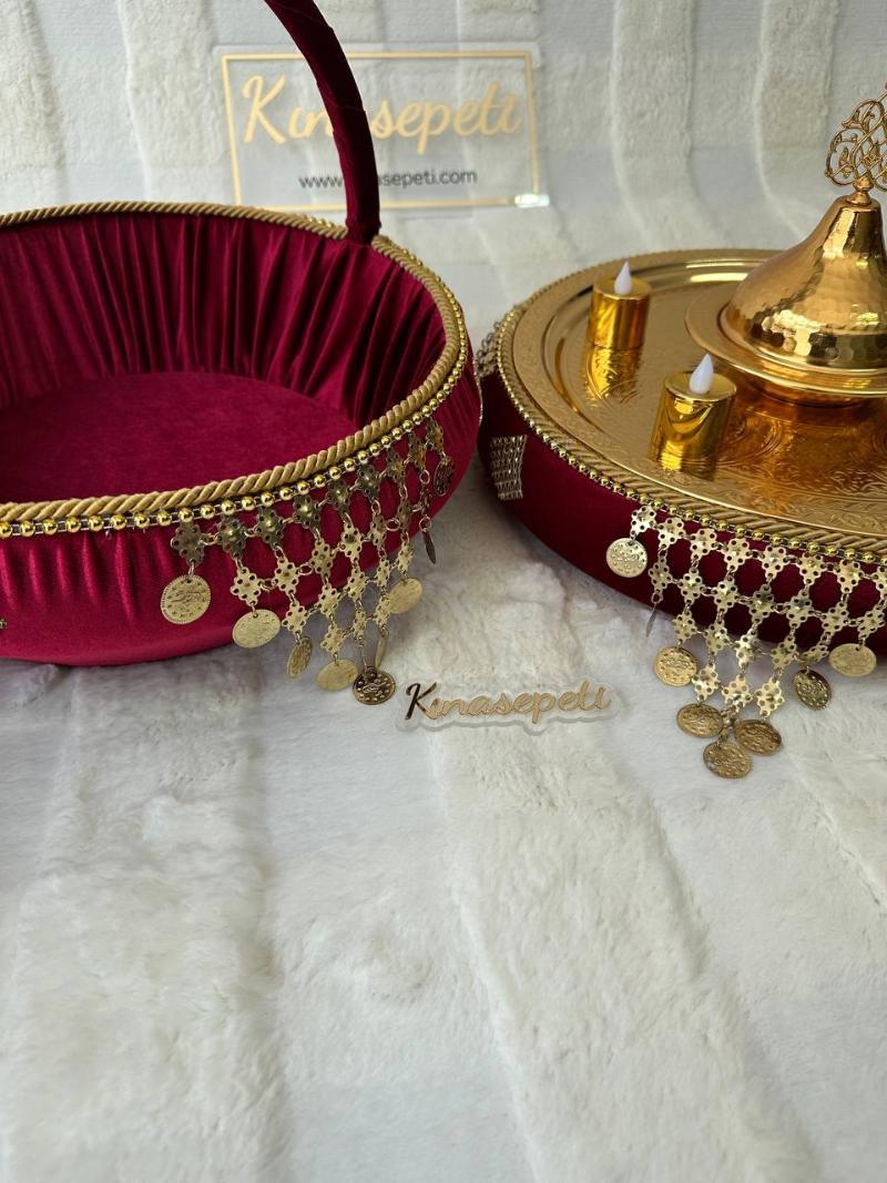 Kırmızı Osmanlı Motifli Geleneksel Kına Seti (Tepsi, Sepet, Kase, 4 LED Mum) - Yan Görünüm