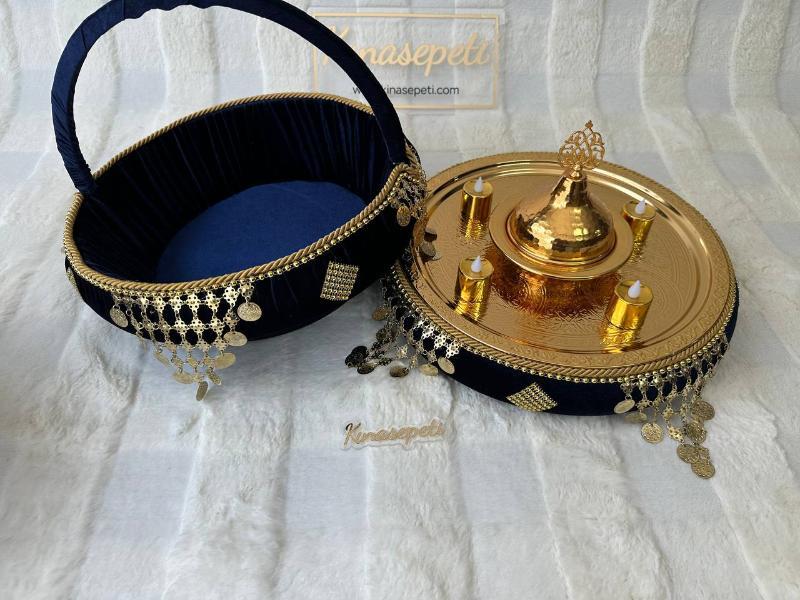 Blue Henna Set with Ottoman Motif (Tray, Basket, Bowl, 4 LED Candles) - Front View