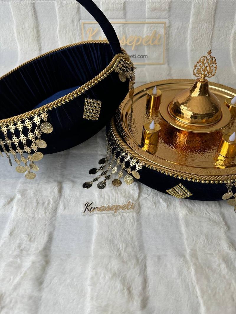 Siyah Osmanlı Motifli Lüks Kına Seti (Tepsi, Sepet, Kase, 4 LED Mum) - Yan Görünüm