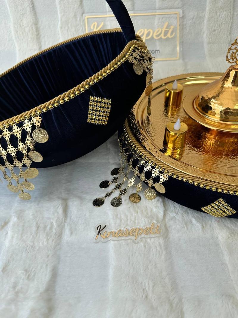 Siyah Osmanlı Motifli Lüks Kına Seti (Tepsi, Sepet, Kase, 4 LED Mum) - Ön Görünüm